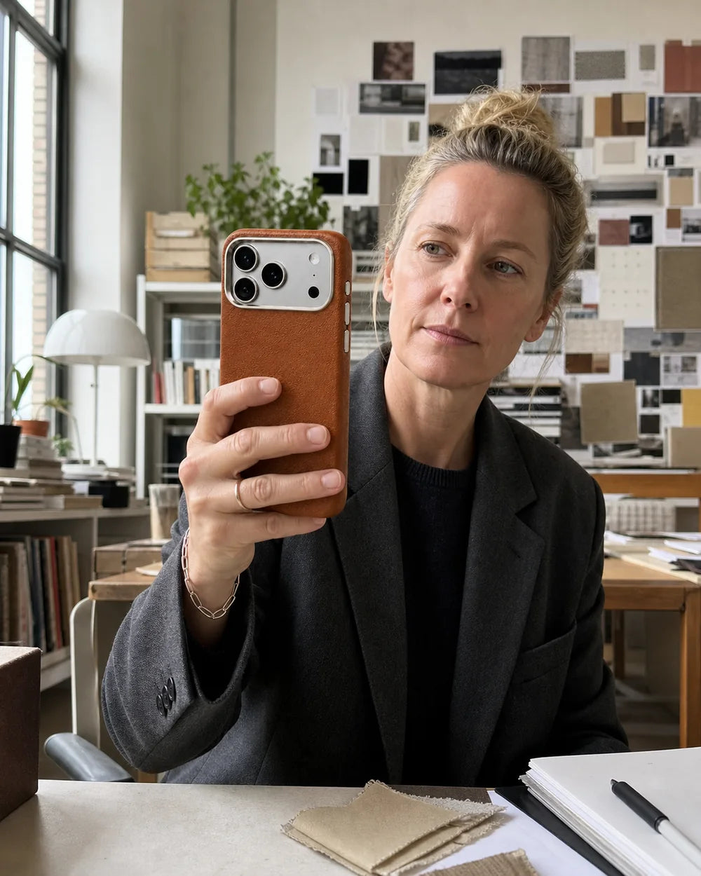 Creative professional holding a classic-brown Leather CaseBear iPhone 17 Pro Max case in a studio