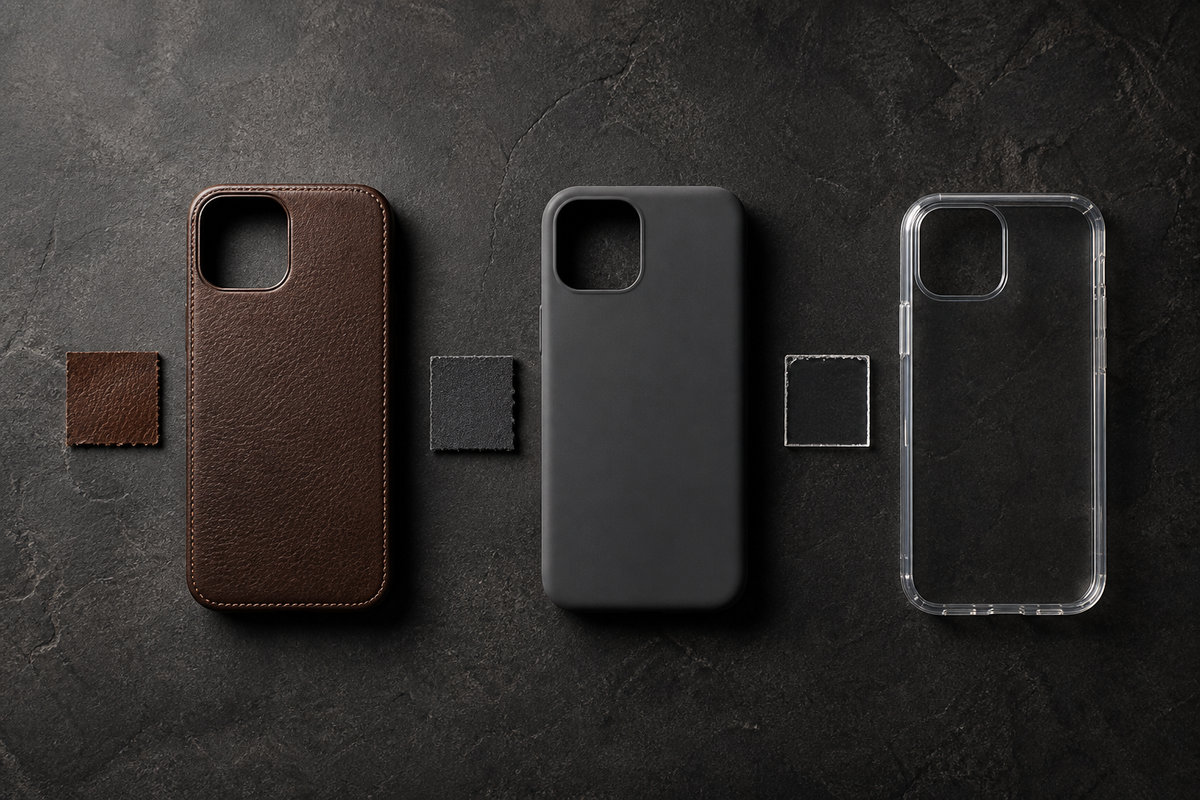 Leather, silicone, and transparent TPU phone cases arranged on dark stone