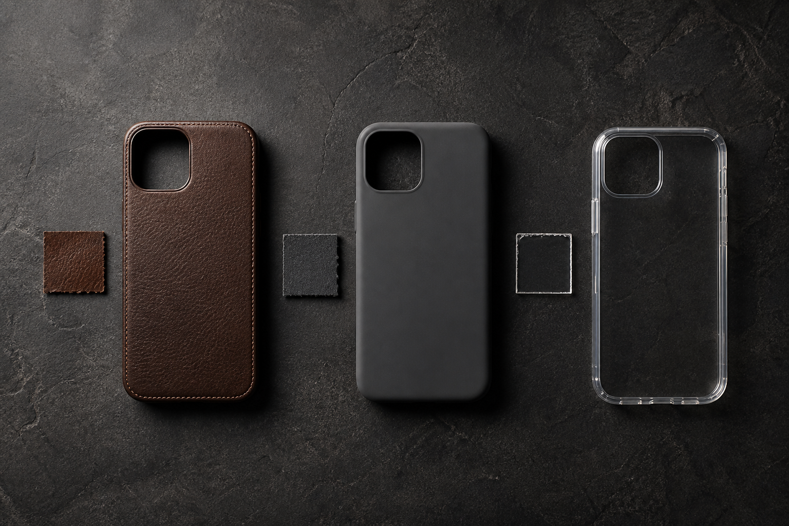 Leather, silicone, and transparent TPU phone cases arranged on dark stone