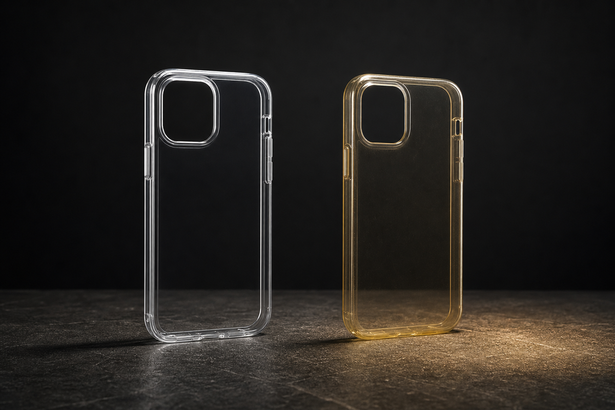 Crystal-clear and naturally yellowed transparent phone cases on a dark stone surface