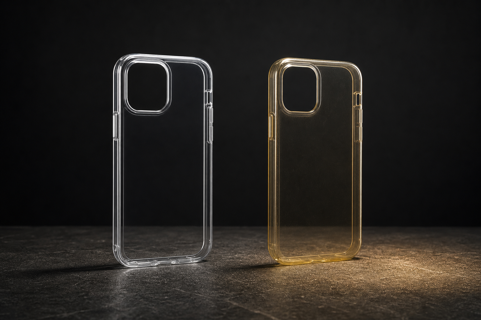 Crystal-clear and naturally yellowed transparent phone cases on a dark stone surface