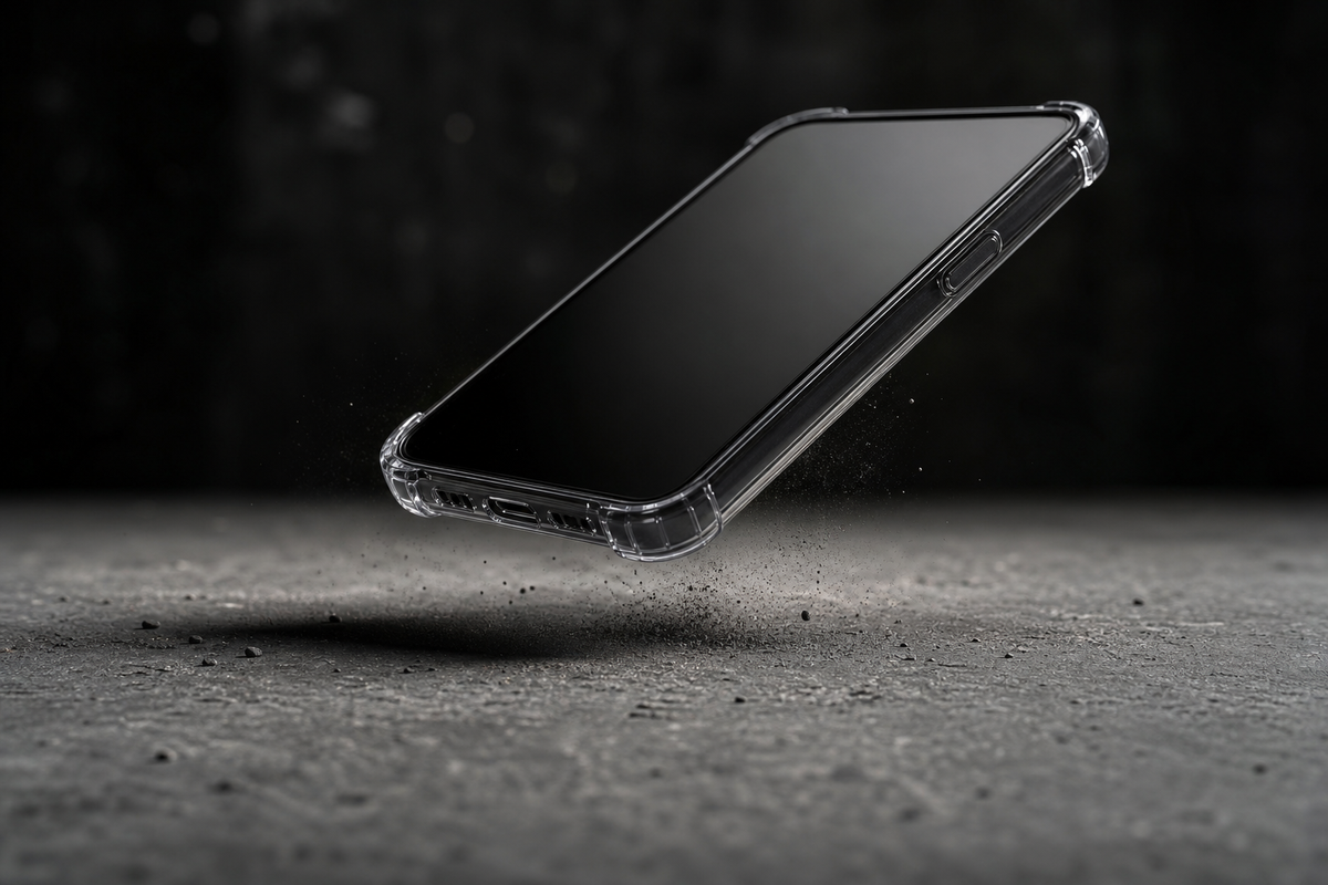 Protected smartphone in a transparent case during a controlled concrete drop test