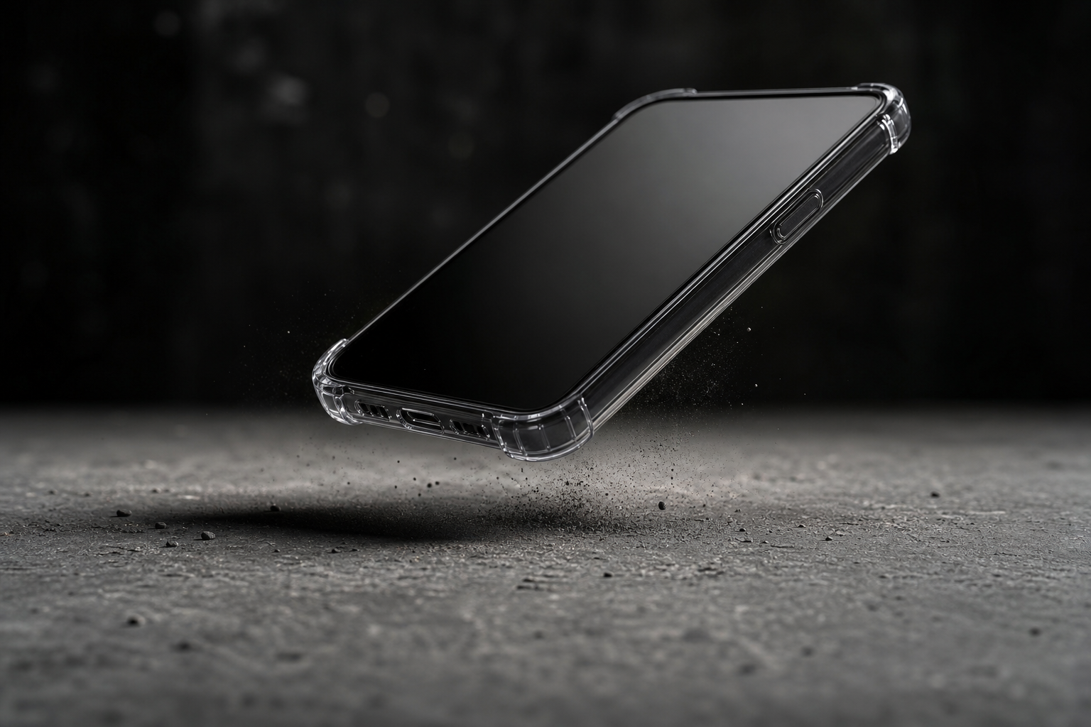 Protected smartphone in a transparent case during a controlled concrete drop test
