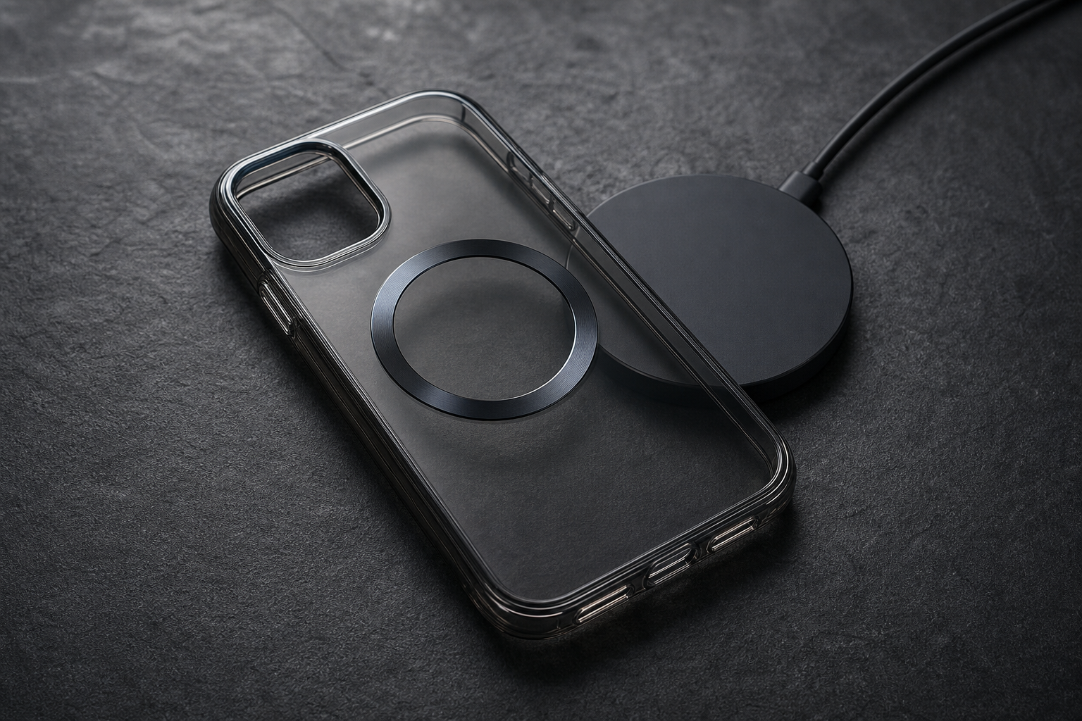 Smoky transparent magnetic phone case beside a wireless charging puck