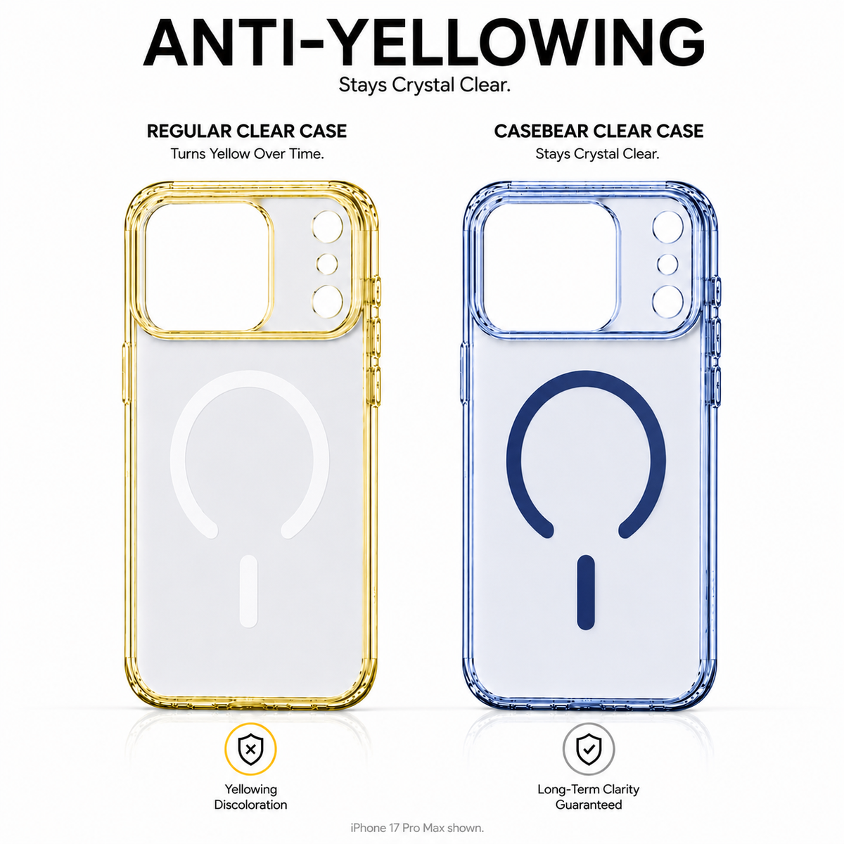CaseBear Anti-Yellow Clear Case for iPhone 17 Pro Blue - anti-yellowing clarity comparison
