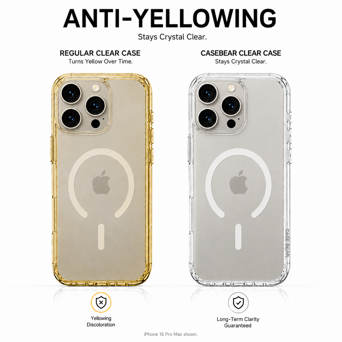 CaseBear Anti-Yellow Clear Case for iPhone 15 Pro Max - anti-yellowing clarity comparison