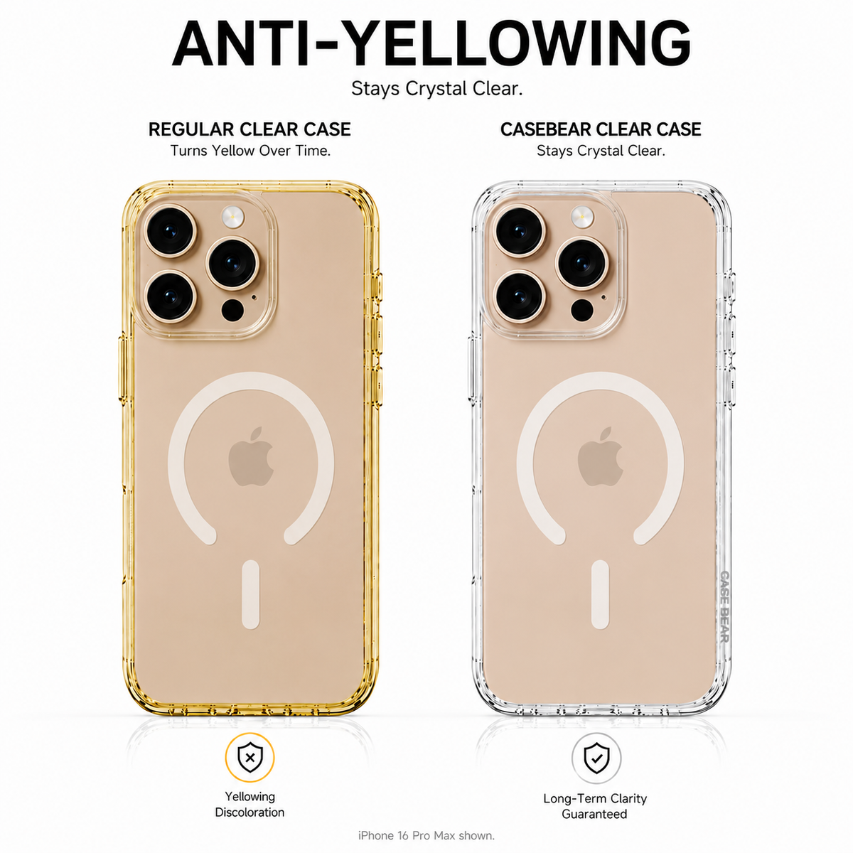 CaseBear Anti-Yellow Clear Case for iPhone 16 Pro Max - anti-yellowing clarity comparison