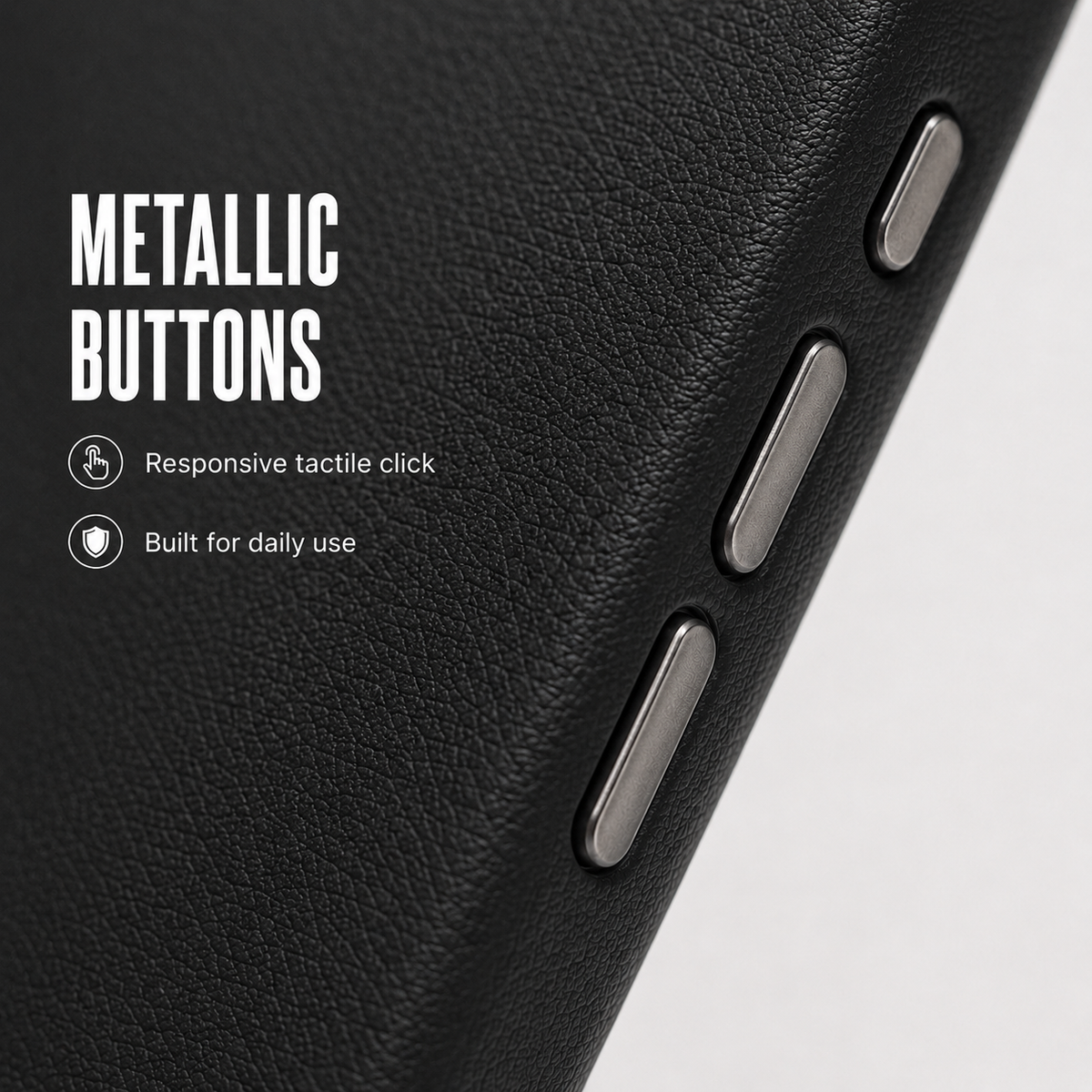 CaseBear Leather Case for iPhone 15 Pro Max Midnight Black - metallic button detail