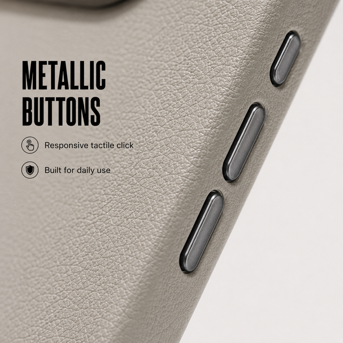 CaseBear Leather Case for iPhone 16 Pro Max Grey - metallic button detail