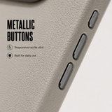 CaseBear Leather Case for iPhone 16 Pro Grey - metallic button detail