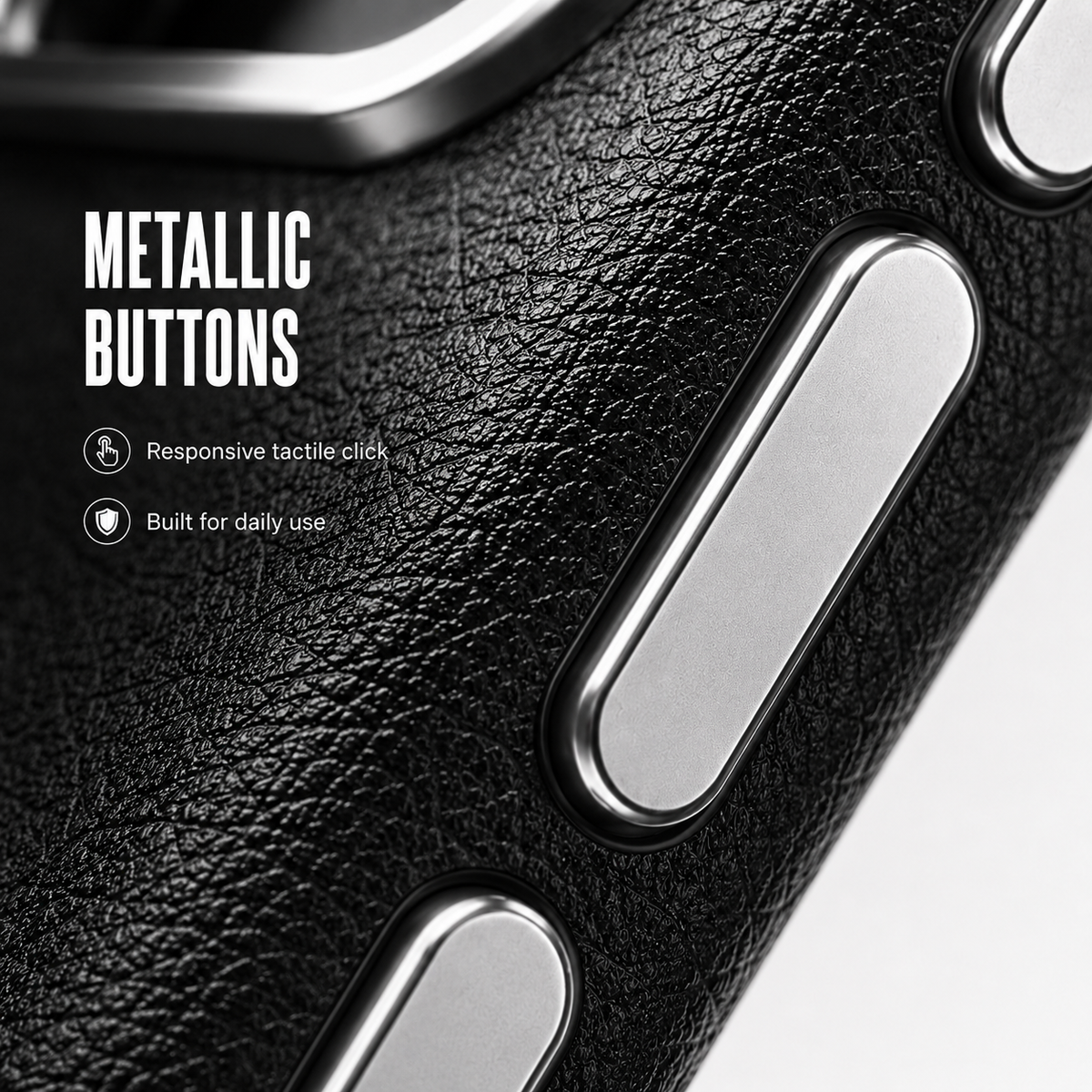 CaseBear Leather Case for iPhone 17 Pro Midnight Black - metallic button detail