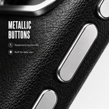 CaseBear Leather Case for iPhone 17 Pro Midnight Black - metallic button detail