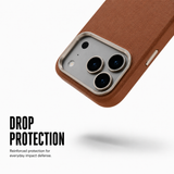CaseBear Leather Case for iPhone 17 Pro Classic Brown - metallic button detail