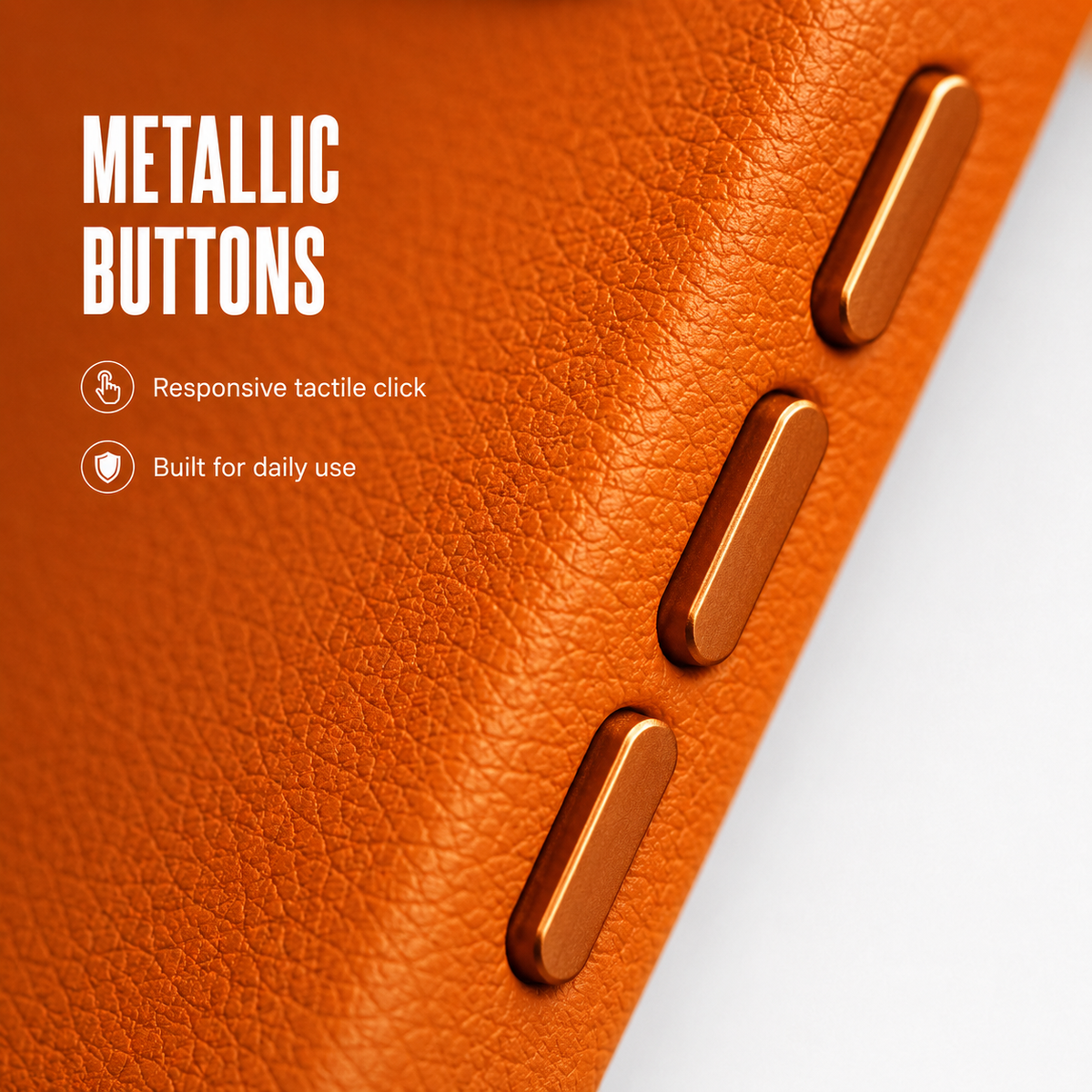 CaseBear Leather Case for iPhone 17 Pro Cosmic Orange - metallic button detail