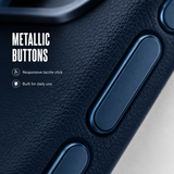 CaseBear Leather Case for iPhone 17 Pro Max Deep Blue - metallic button detail
