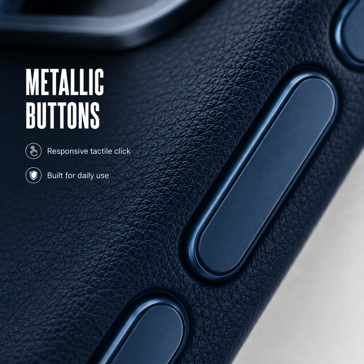CaseBear Leather Case for iPhone 17 Pro Deep Blue - metallic button detail