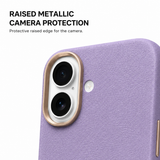 CaseBear Leather Case for iPhone 17 Royal Purple - metallic button detail