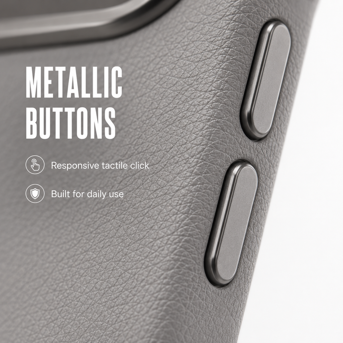 CaseBear Leather Case for iPhone 17 Pro Max Grey - metallic button detail