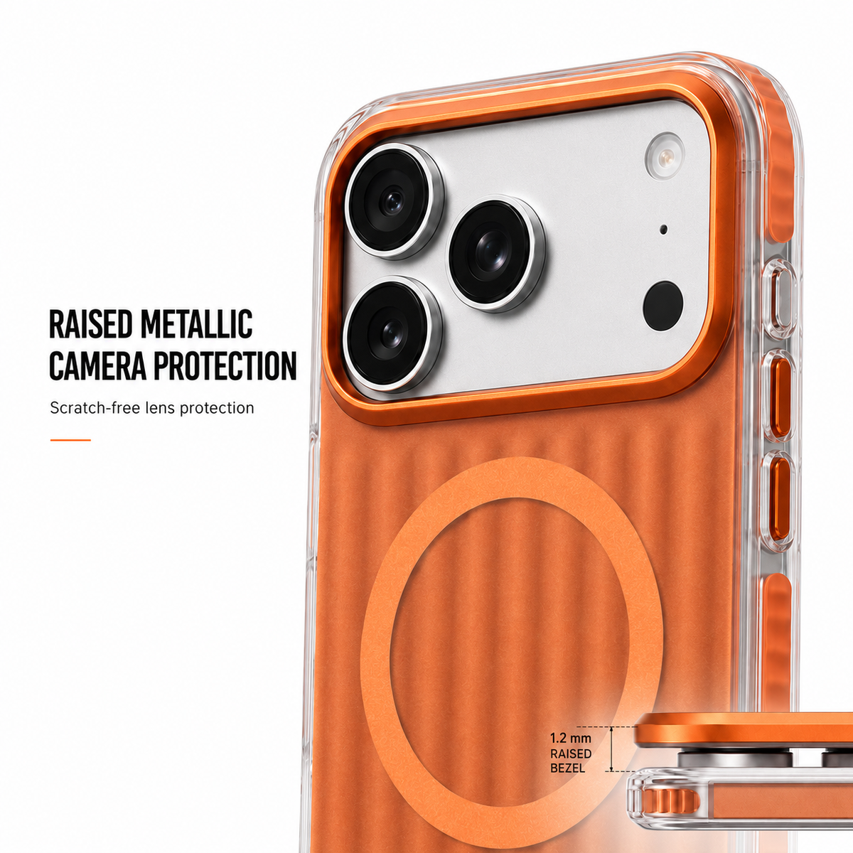 CaseBear Ribbed MagSafe Case for iPhone 17 Pro Orange - metallic button detail