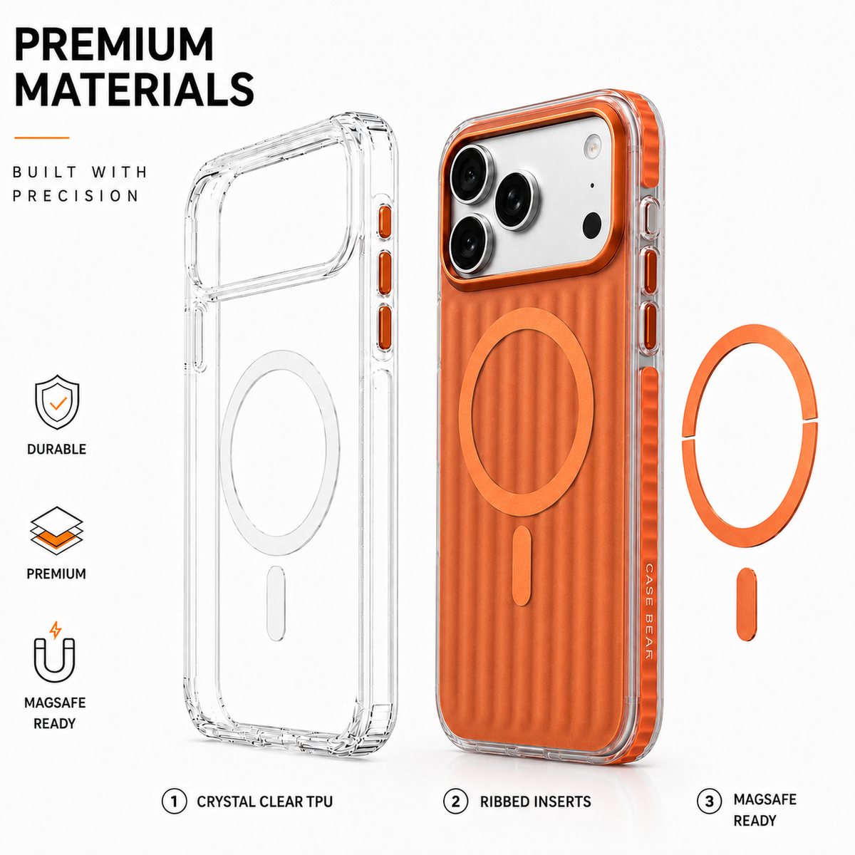 CaseBear Ribbed MagSafe Case for iPhone 17 Pro Max Orange - raised camera protection detail