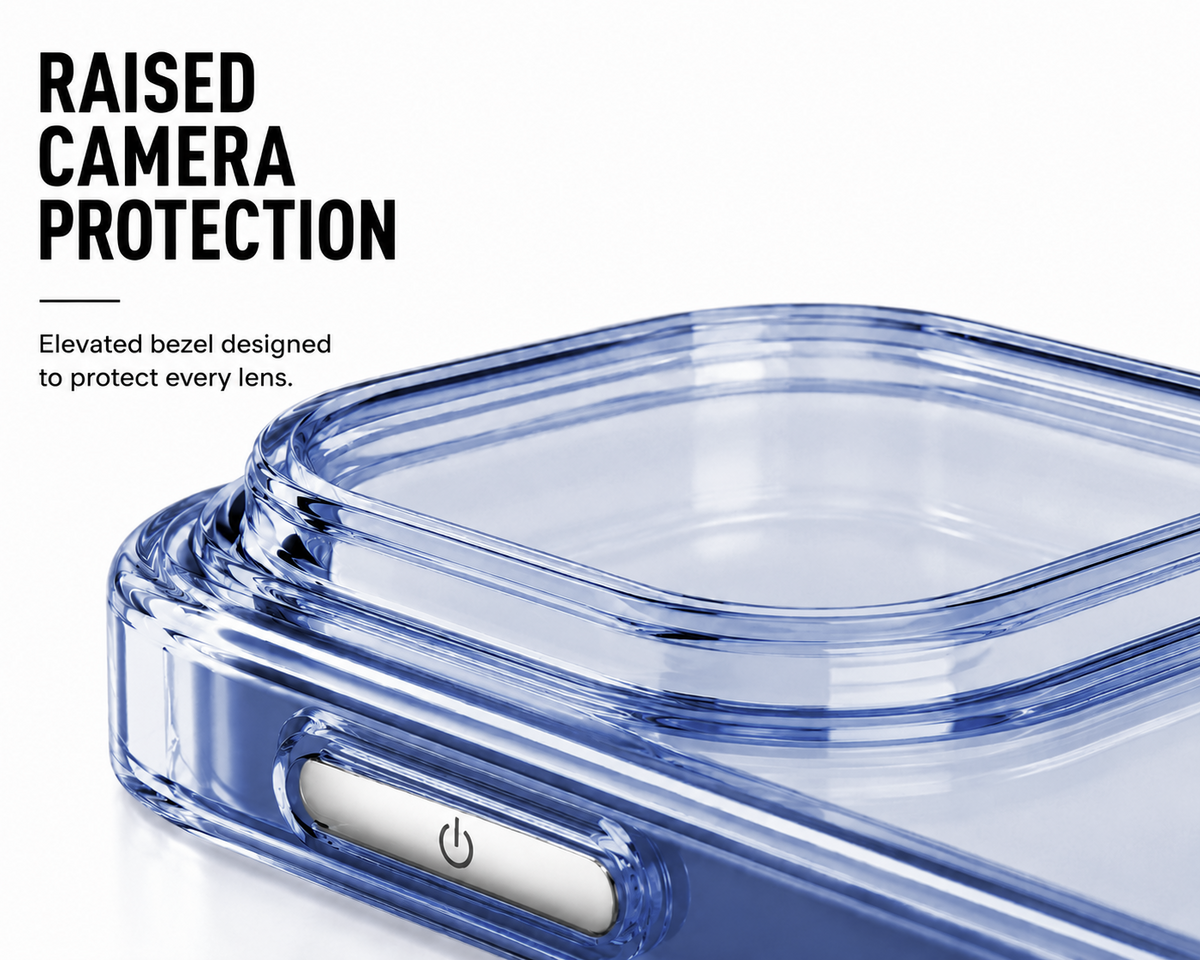 CaseBear Anti-Yellow Clear Case for iPhone 17 Pro Blue - raised camera protection detail