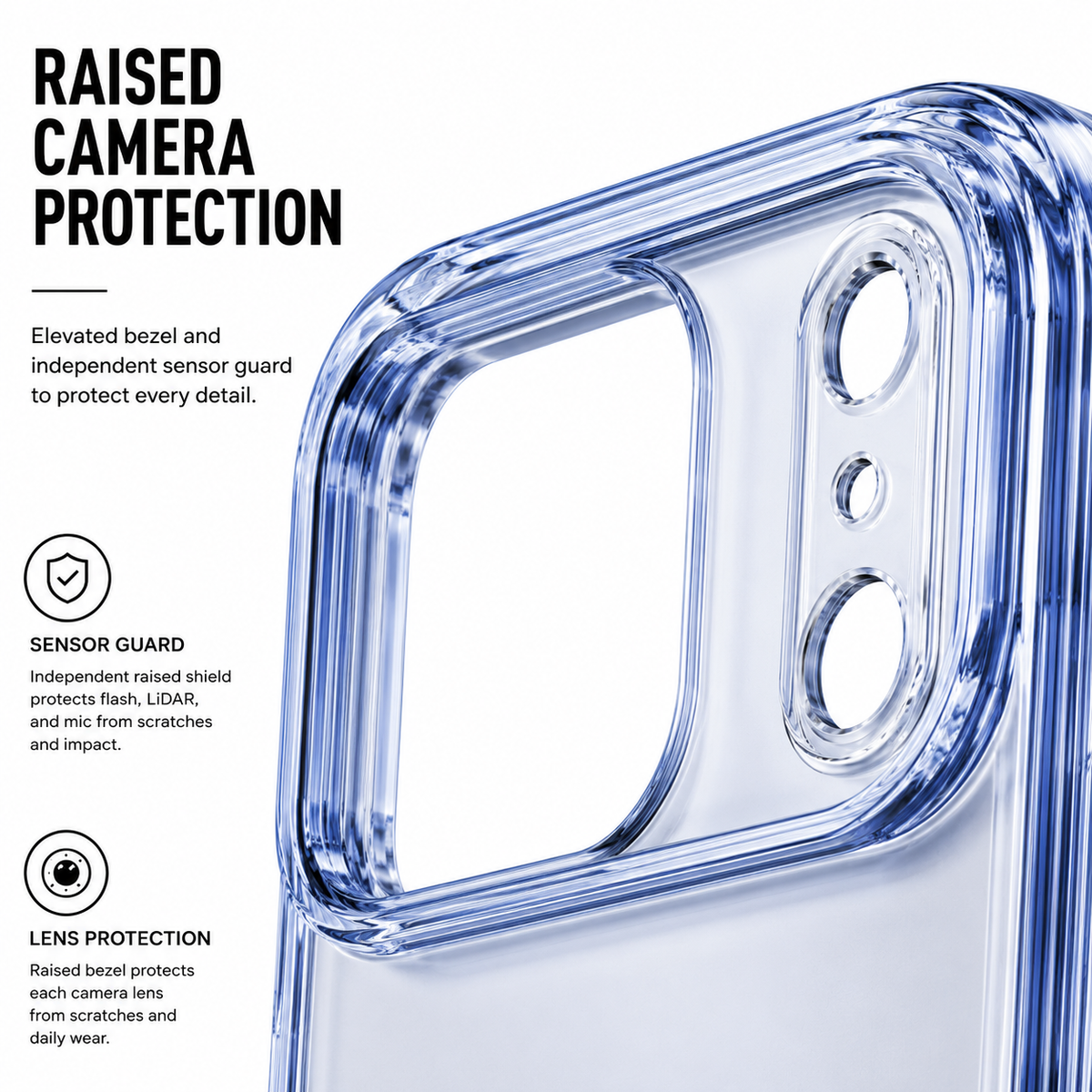 CaseBear Anti-Yellow Clear Case for iPhone 17 Pro Max Blue With Sensor Flash Guard - raised camera protection detail