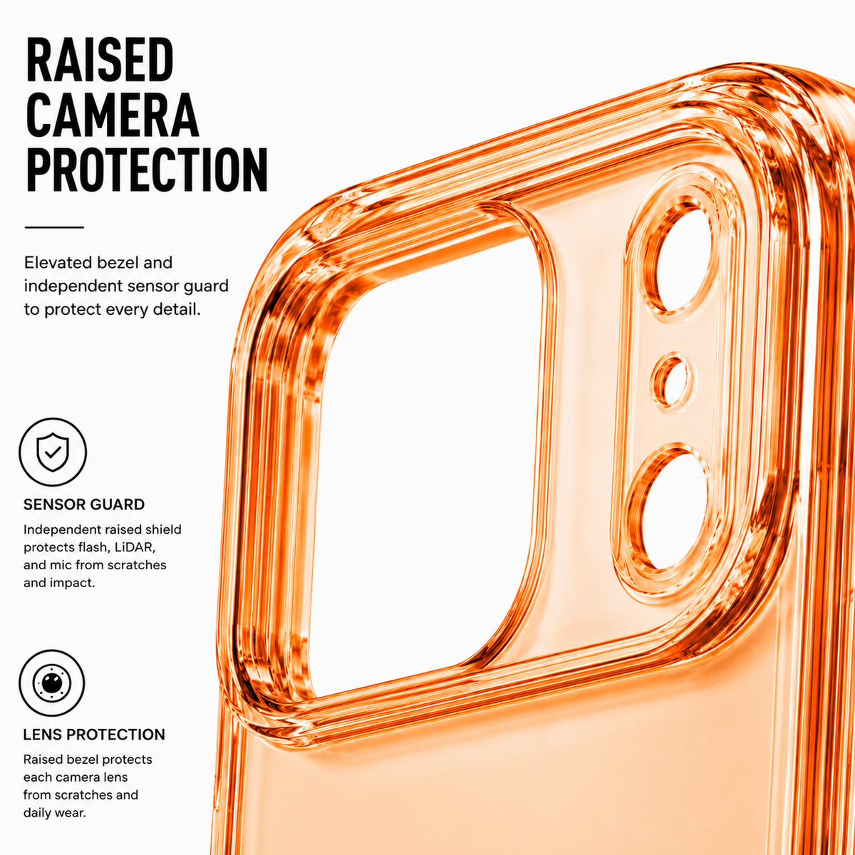 CaseBear Anti-Yellow Clear Case for iPhone 17 Pro Max Orange With Sensor Flash Guard - raised camera protection detail