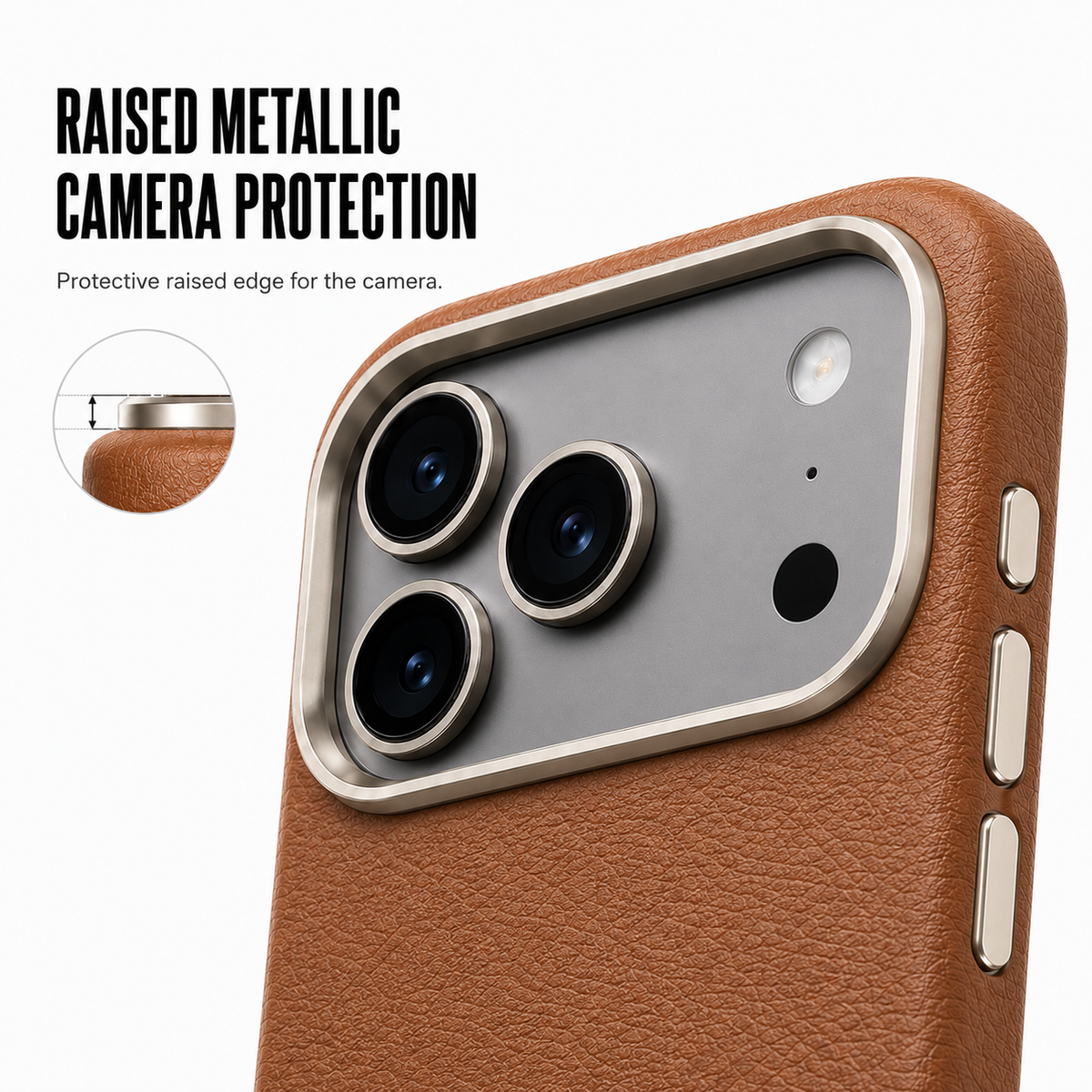CaseBear Leather Case for iPhone 17 Pro Classic Brown - raised camera protection detail