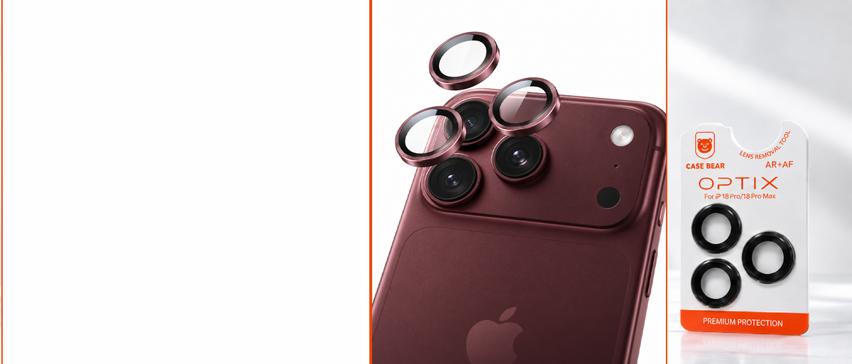 CaseBear Optix camera lens protector and packaging in a cinematic dark studio