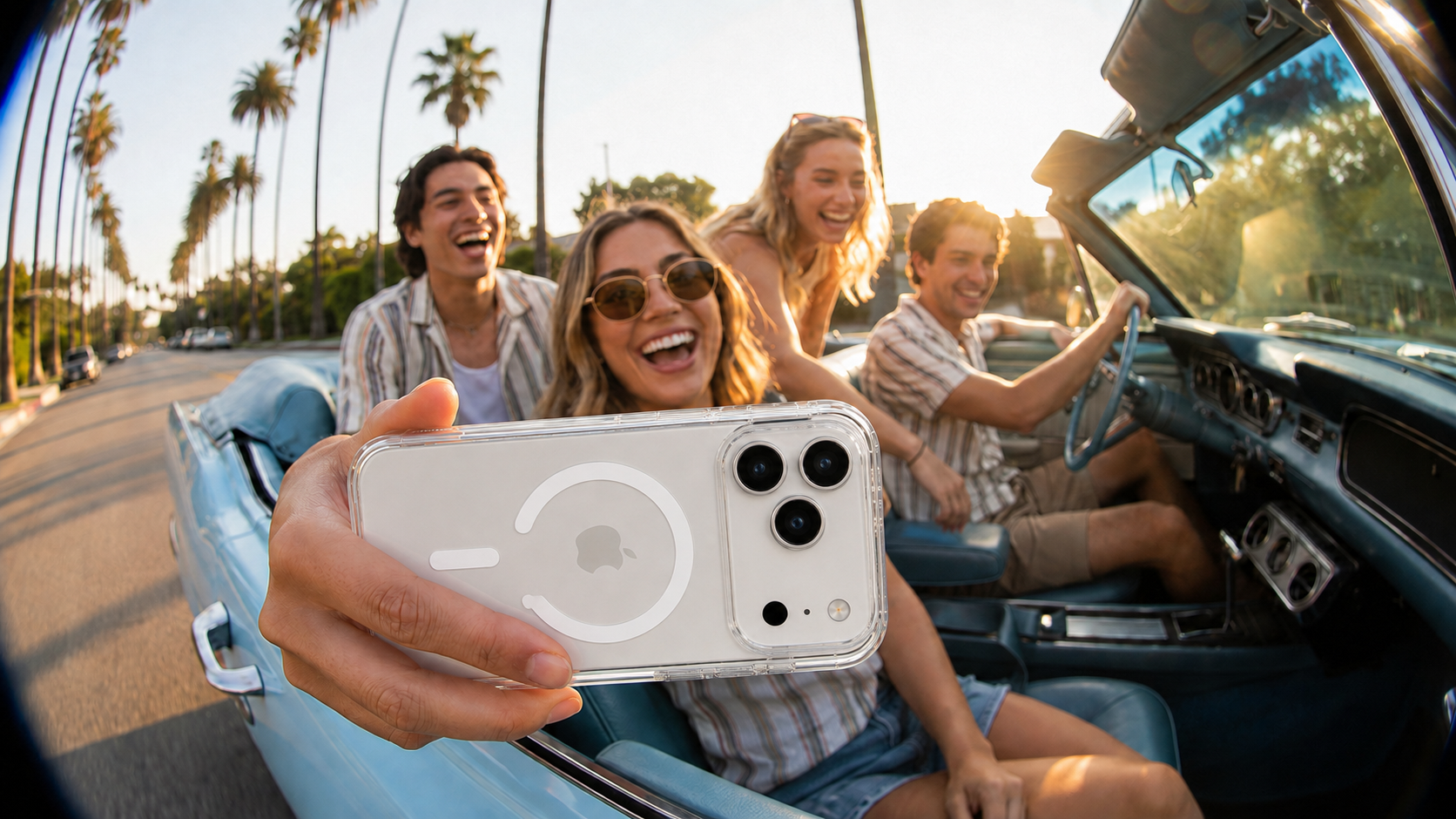 Friends beginning a sunset drive with a CaseBear clear iPhone 17 Pro Max case