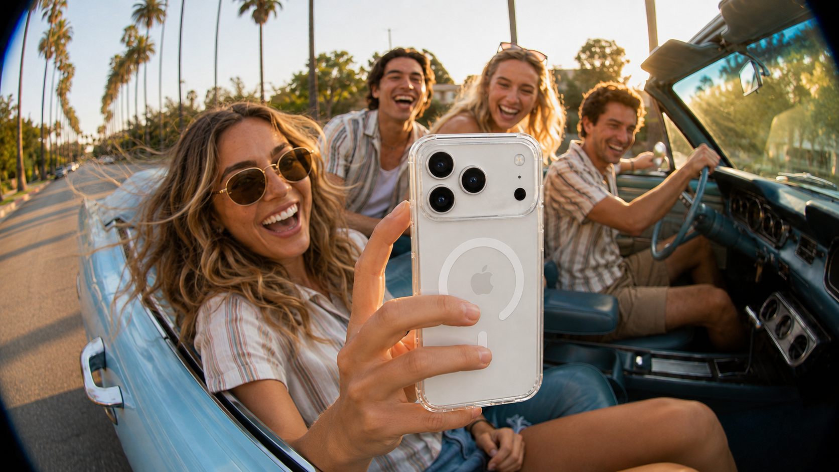Friends recording their road trip with a clear CaseBear iPhone 17 Pro Max case