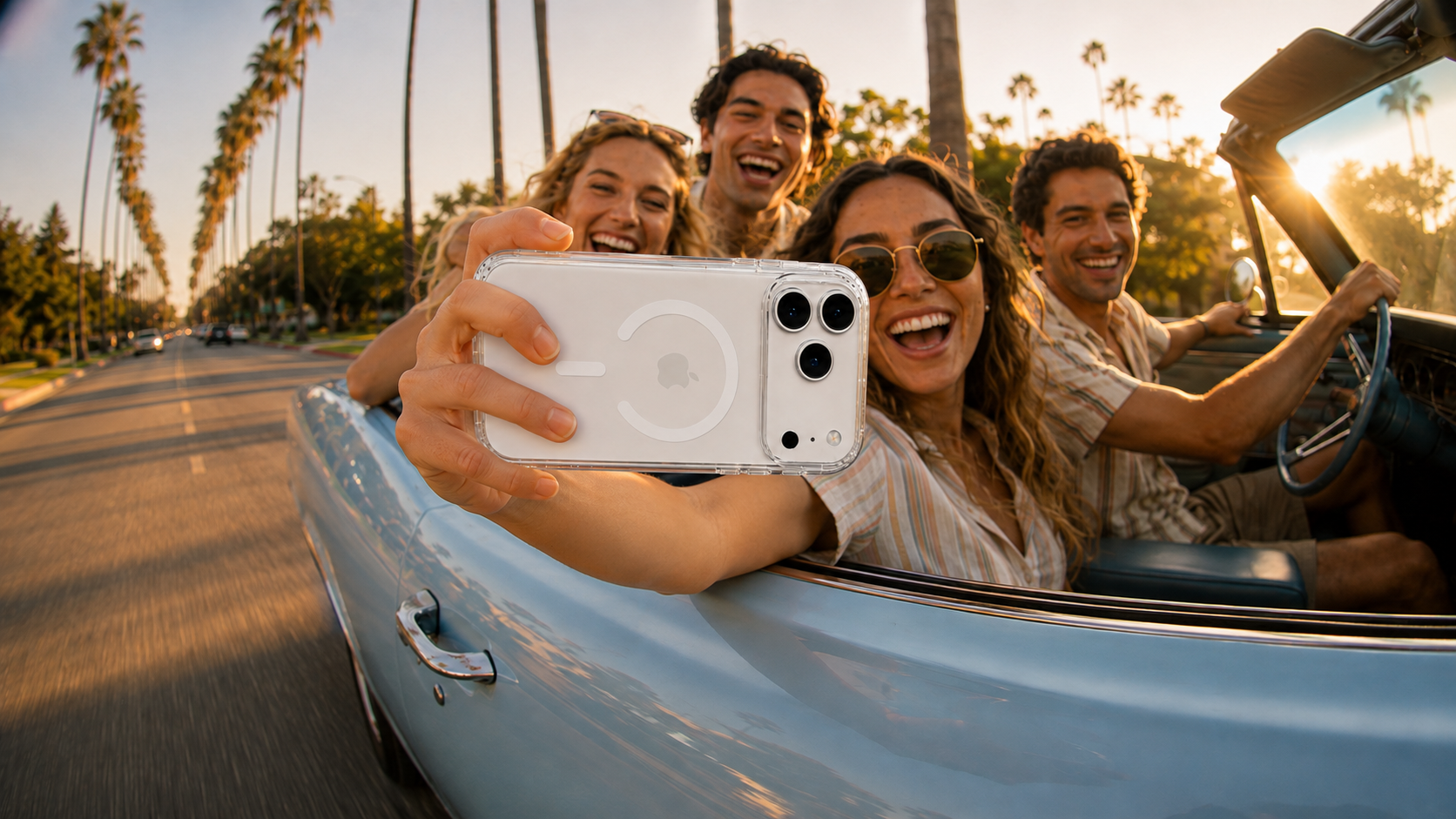 Friends finishing their sunset drive with a CaseBear clear iPhone 17 Pro Max case