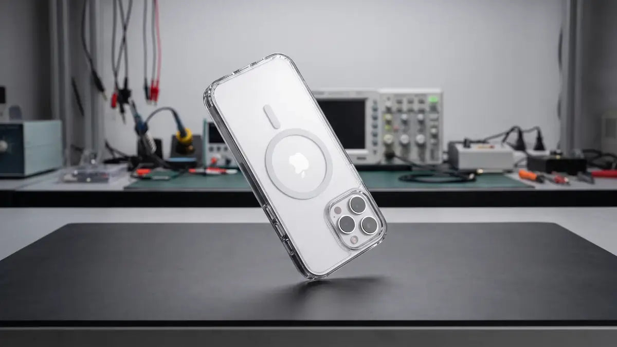 CaseBear phone case positioned for a controlled corner impact test