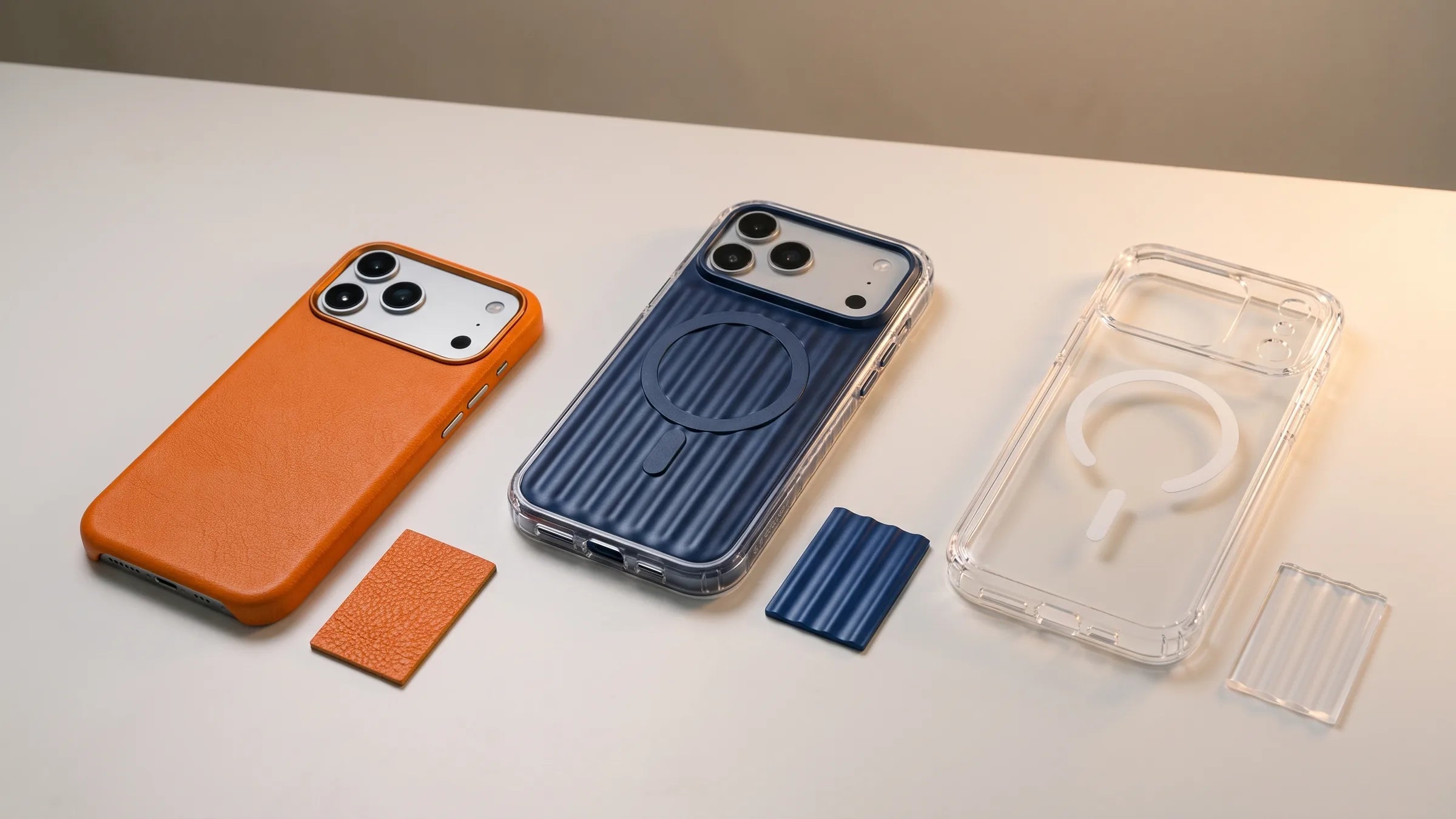 CaseBear leather-finish, ribbed polymer and clear phone cases compared together