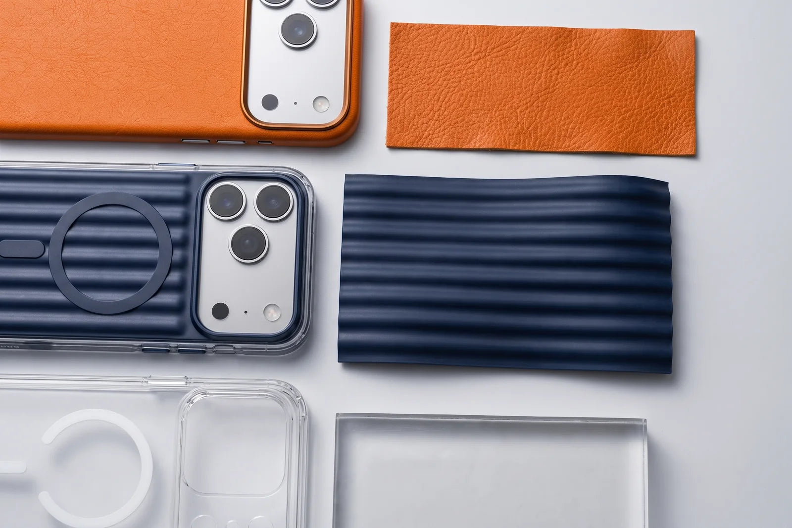 Material texture samples beside matching CaseBear phone cases