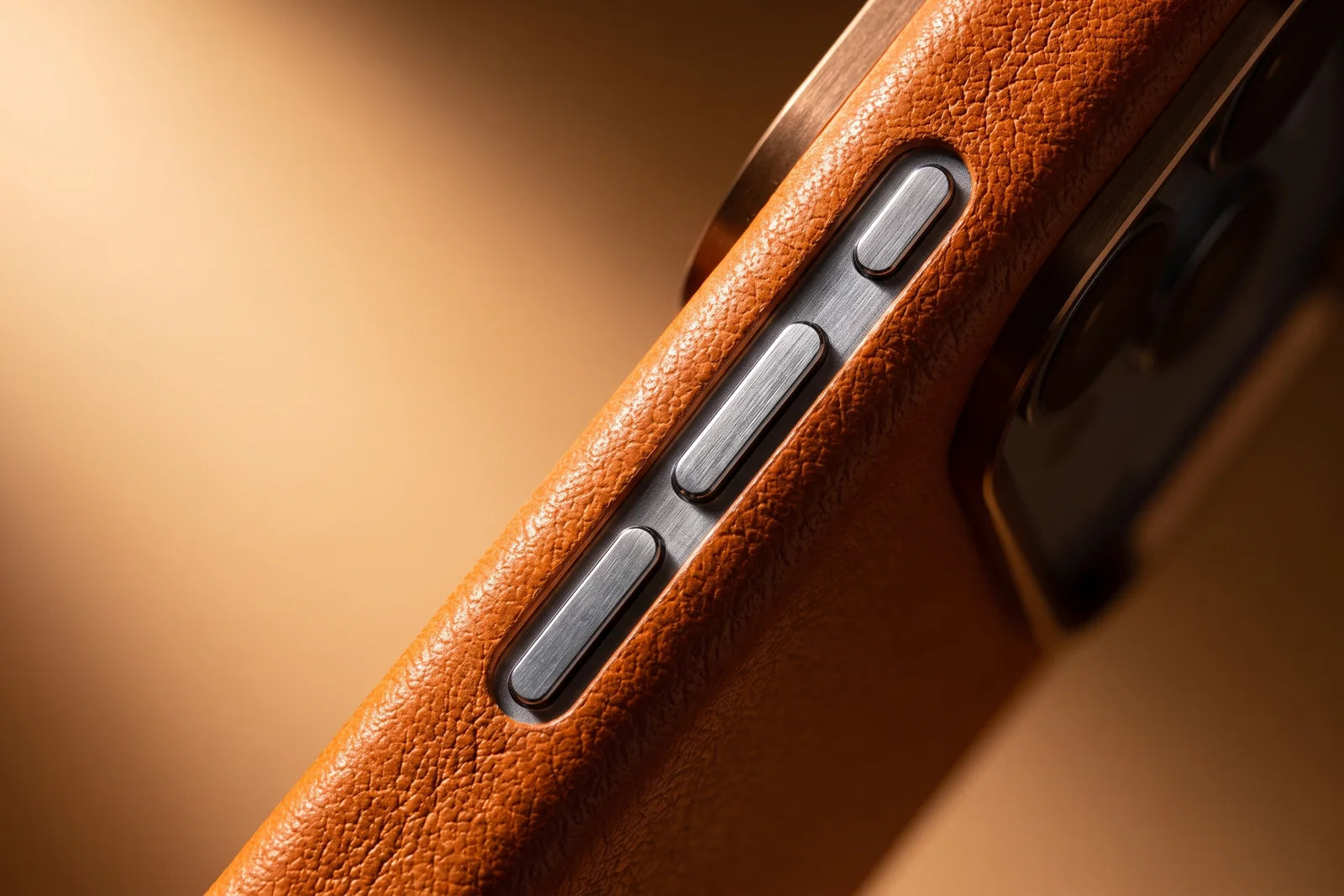 Close view of the controls on a CaseBear leather-finish phone case