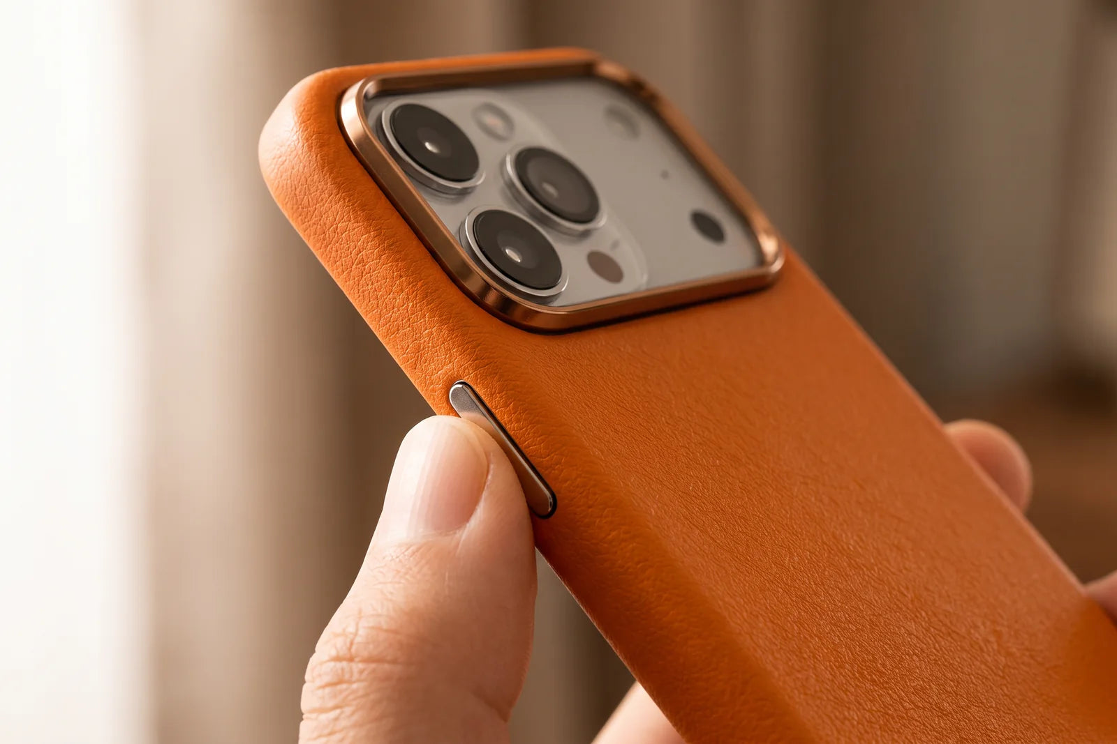 Hand pressing a metal control on a CaseBear luxury leather phone case