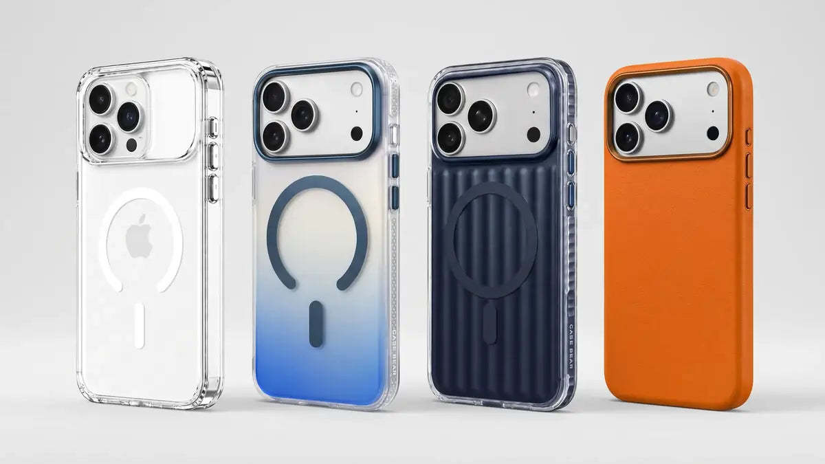 Slim CaseBear clear, gradient, ribbed and leather phone cases arranged together