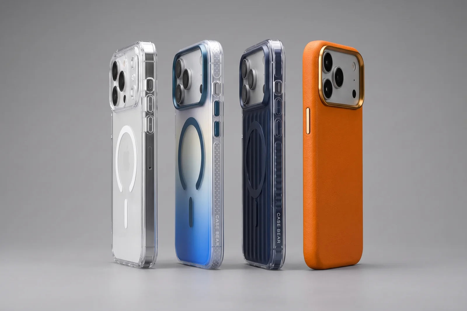 Side profiles comparing four slim CaseBear phone case finishes