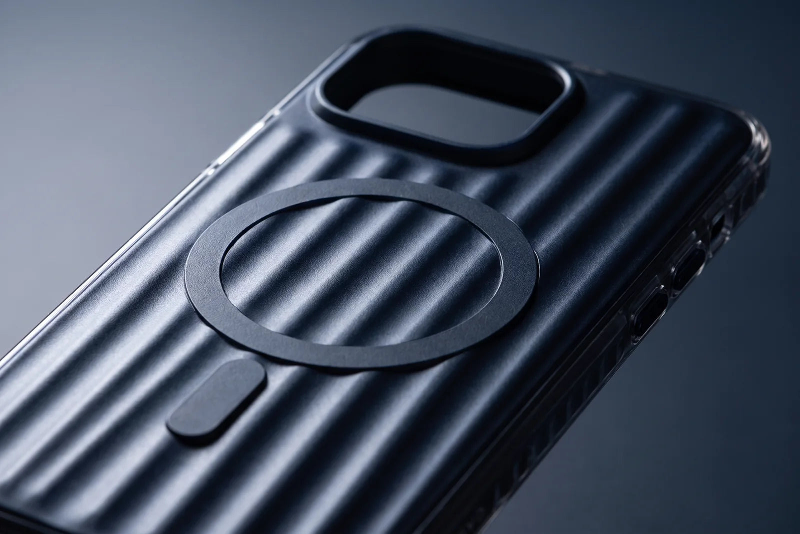Macro view of the grip texture on a deep-blue CaseBear Ribbed MagSafe case