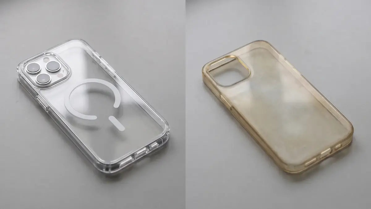 Current CaseBear clear case compared with a generic aged clear polymer sample