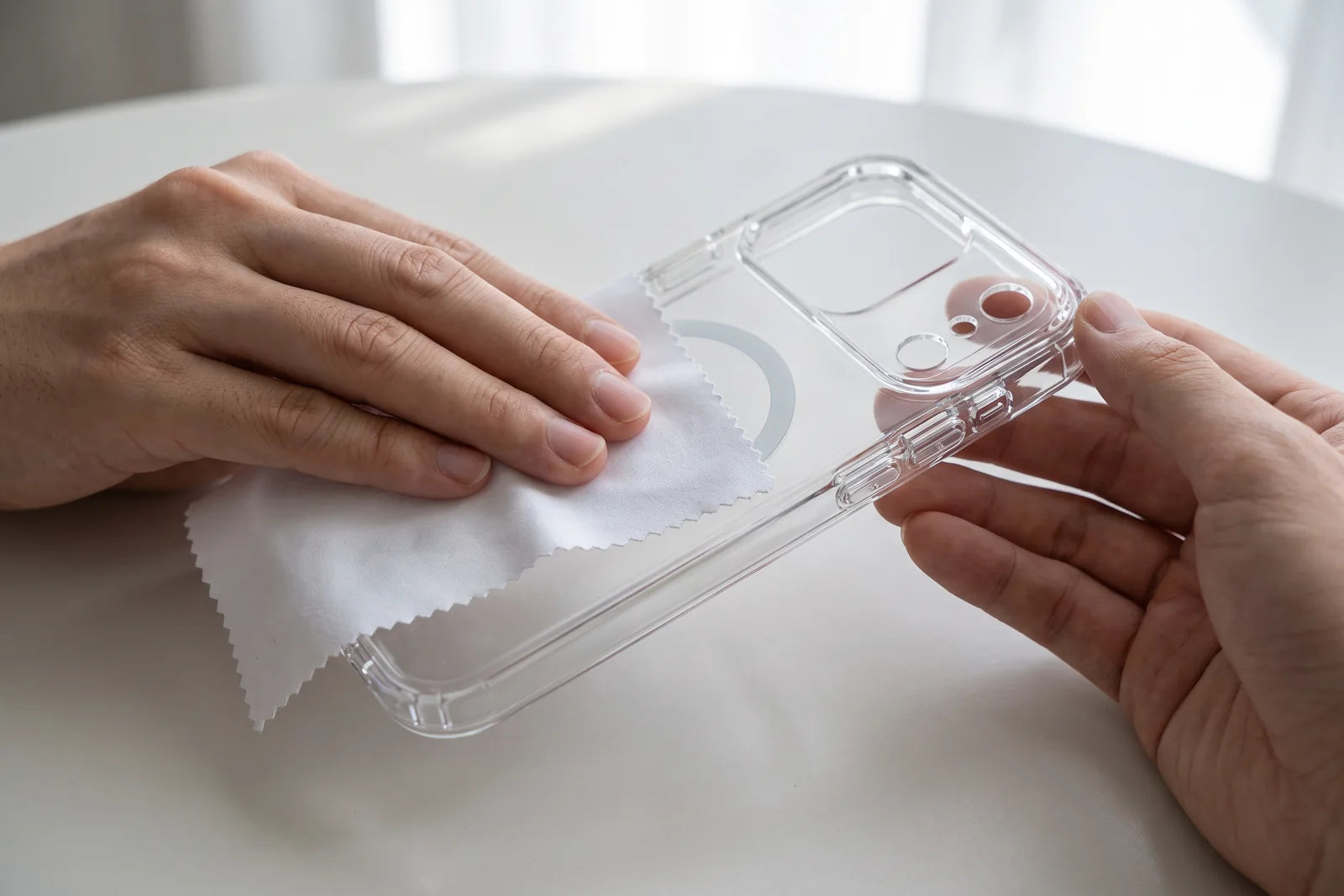 CaseBear clear case being cleaned carefully with a soft cloth