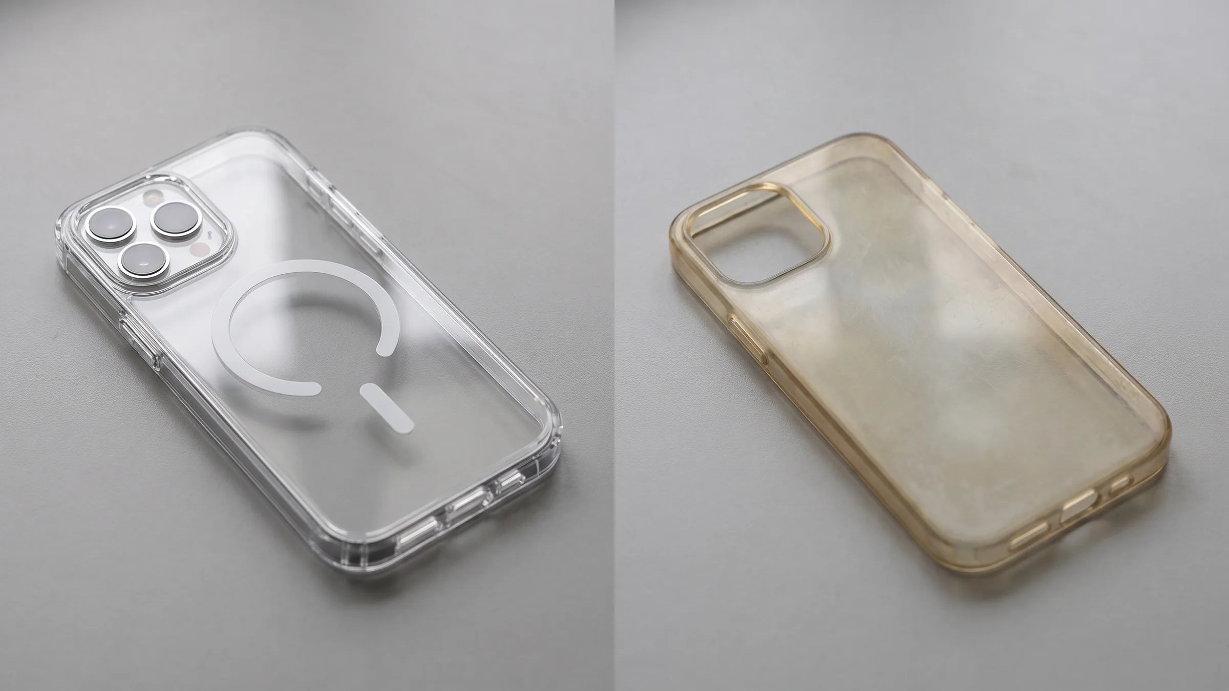 Current CaseBear clear case compared with a generic aged clear polymer sample