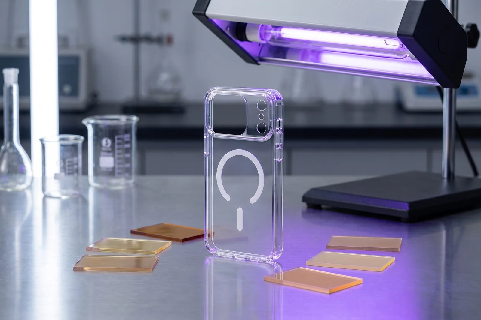 Clear polymer samples arranged for an illustrative UV exposure comparison