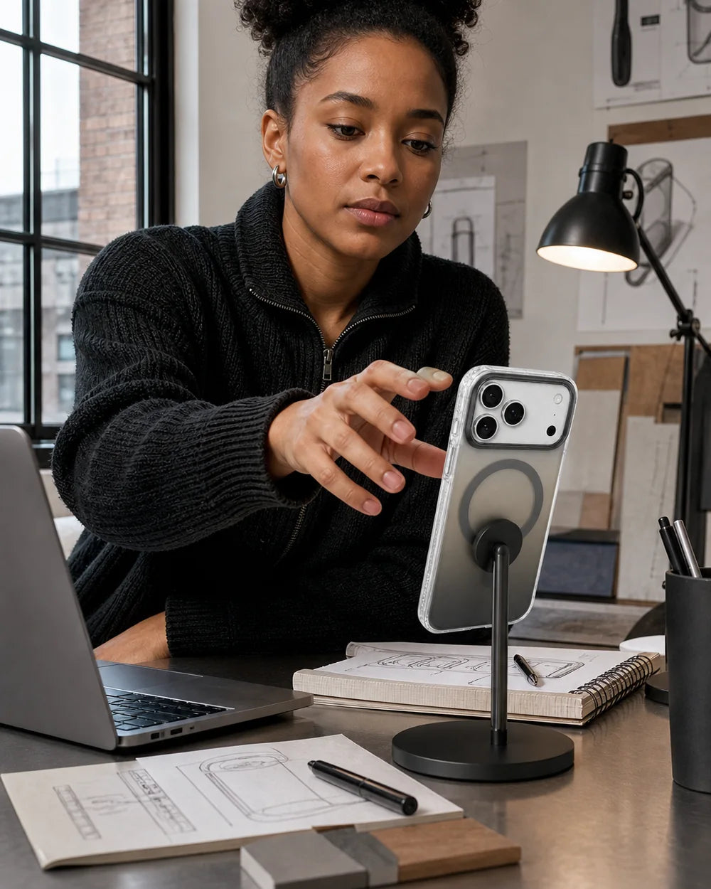 Designer using a grey Gradient CaseBear iPhone 17 Pro Max case on a MagSafe desk stand